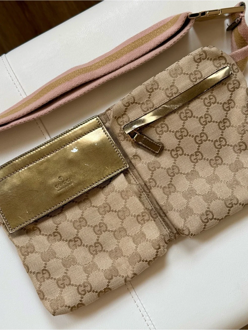 Genuine Gucci Pink and Gold GG Canvas Wristlet Clutch